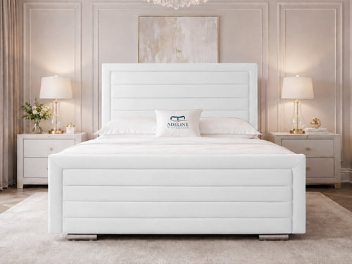 Horizon Stripe Upholstered Bed Set with Floor Standing Headboard, Footboard & Storage Upgrade Option