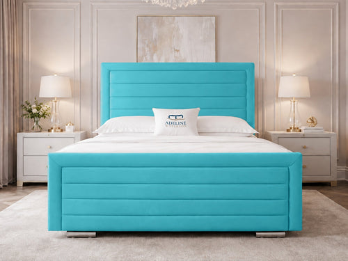 Horizon Stripe Upholstered Bed Set with Floor Standing Headboard, Footboard & Storage Upgrade Option