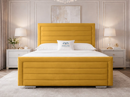 Horizon Stripe Upholstered Bed Set with Floor Standing Headboard, Footboard & Storage Upgrade Option