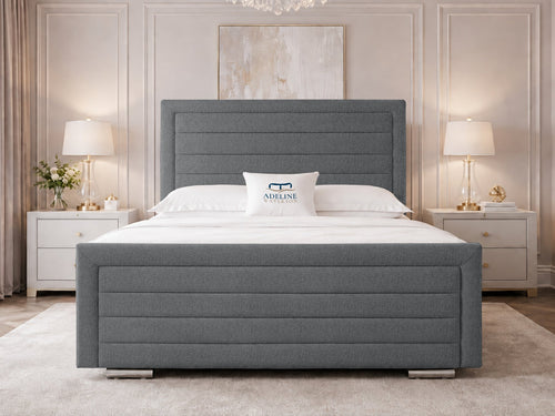 Horizon Stripe Upholstered Bed Set with Floor Standing Headboard, Footboard & Storage Upgrade Option
