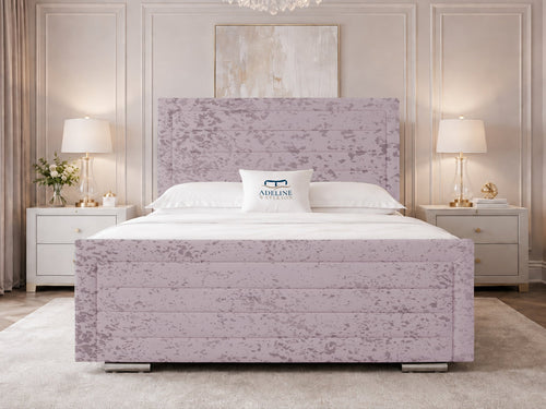 Horizon Stripe Upholstered Bed Set with Floor Standing Headboard, Footboard & Storage Upgrade Option