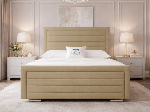 Horizon Stripe Upholstered Bed Set with Floor Standing Headboard, Footboard & Storage Upgrade Option