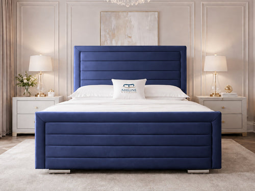 Horizon Stripe Upholstered Bed Set with Floor Standing Headboard, Footboard & Storage Upgrade Option