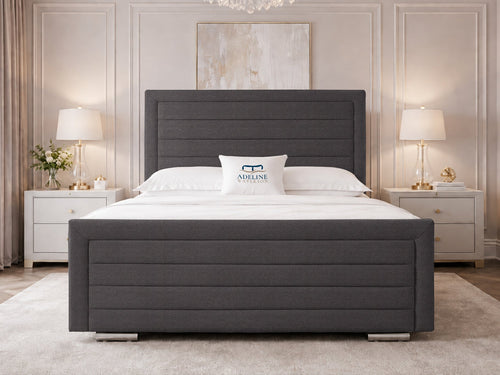 Horizon Stripe Upholstered Bed Set with Floor Standing Headboard, Footboard & Storage Upgrade Option
