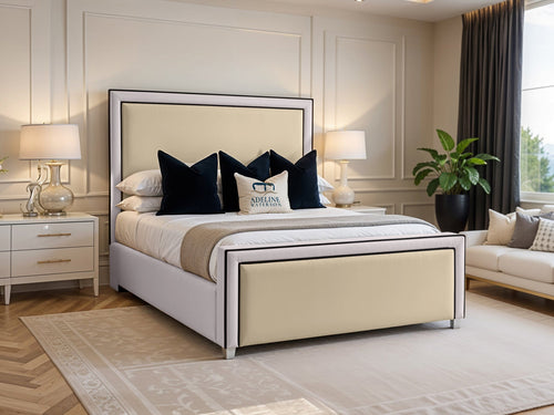 Jameson Bordered Panel Two Colour Fabric Bed Set with Floor Standing Headboard, Footboard & Storage Upgrade Option