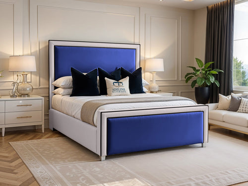 Jameson Bordered Panel Two Colour Fabric Bed Set with Floor Standing Headboard, Footboard & Storage Upgrade Option