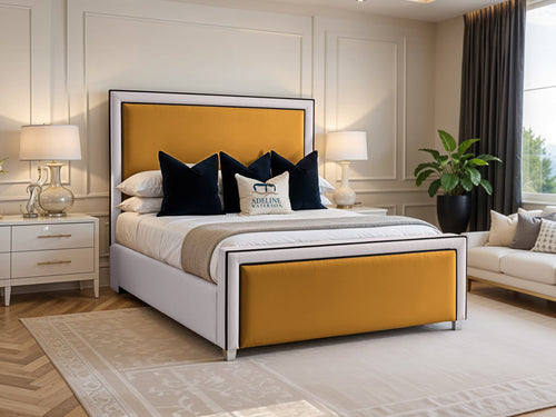 Jameson Bordered Panel Two Colour Fabric Bed Set with Floor Standing Headboard, Footboard & Storage Upgrade Option