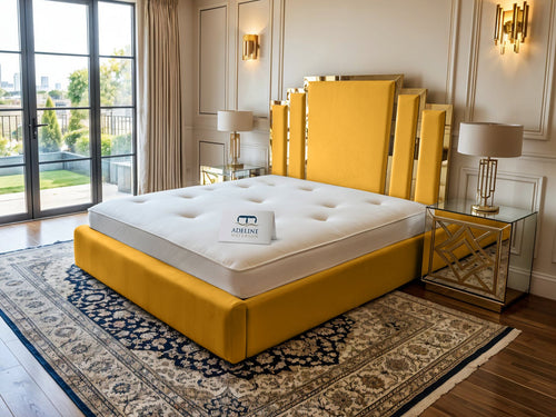 Kensington Gold Mirrored Geometric Panel Upholstered Bed Set with Floor Standing Headboard, Footboard & Storage Upgrade Option