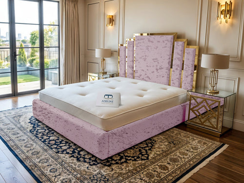 Kensington Gold Mirrored Geometric Panel Upholstered Bed Set with Floor Standing Headboard, Footboard & Storage Upgrade Option