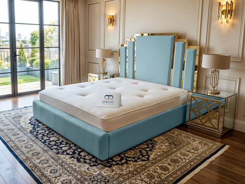 Kensington Gold Mirrored Geometric Panel Upholstered Bed Set with Floor Standing Headboard, Footboard & Storage Upgrade Option