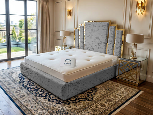 Kensington Gold Mirrored Geometric Panel Upholstered Bed Set with Floor Standing Headboard, Footboard & Storage Upgrade Option