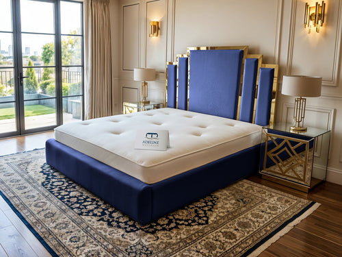 Kensington Gold Mirrored Geometric Panel Upholstered Bed Set with Floor Standing Headboard, Footboard & Storage Upgrade Option