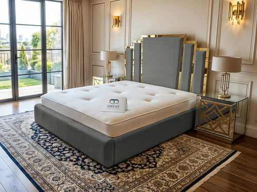 Kensington Gold Mirrored Geometric Panel Upholstered Bed Set with Floor Standing Headboard, Footboard & Storage Upgrade Option