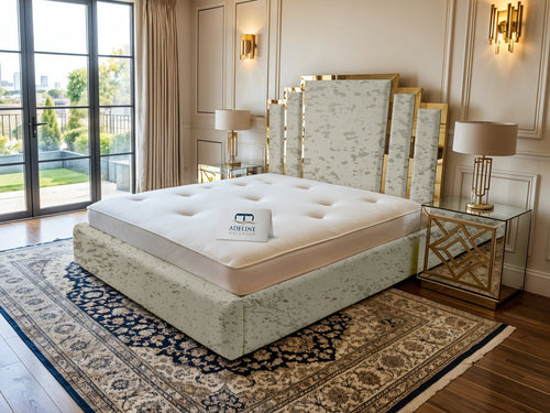 Kensington Gold Mirrored Geometric Panel Upholstered Bed Set with Floor Standing Headboard, Footboard & Storage Upgrade Option