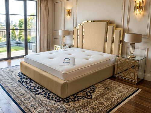 Kensington Gold Mirrored Geometric Panel Upholstered Bed Set with Floor Standing Headboard, Footboard & Storage Upgrade Option