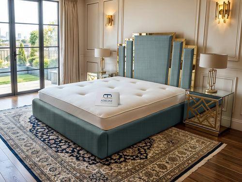 Kensington Gold Mirrored Geometric Panel Upholstered Bed Set with Floor Standing Headboard, Footboard & Storage Upgrade Option