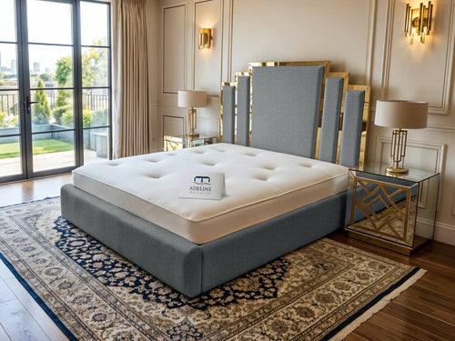 Kensington Gold Mirrored Geometric Panel Upholstered Bed Set with Floor Standing Headboard, Footboard & Storage Upgrade Option