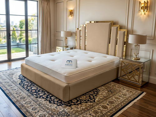 Kensington Gold Mirrored Geometric Panel Upholstered Bed Set with Floor Standing Headboard, Footboard & Storage Upgrade Option