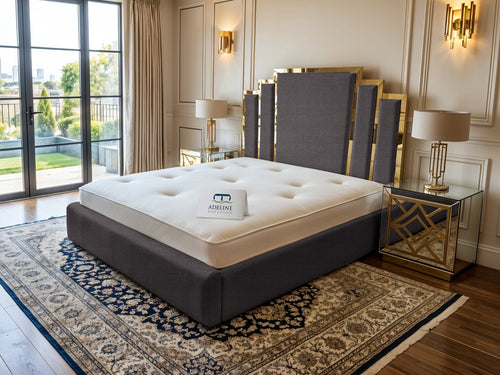 Kensington Gold Mirrored Geometric Panel Upholstered Bed Set with Floor Standing Headboard, Footboard & Storage Upgrade Option