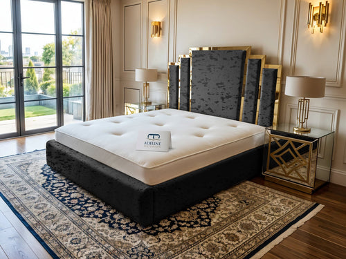 Kensington Gold Mirrored Geometric Panel Upholstered Bed Set with Floor Standing Headboard, Footboard & Storage Upgrade Option