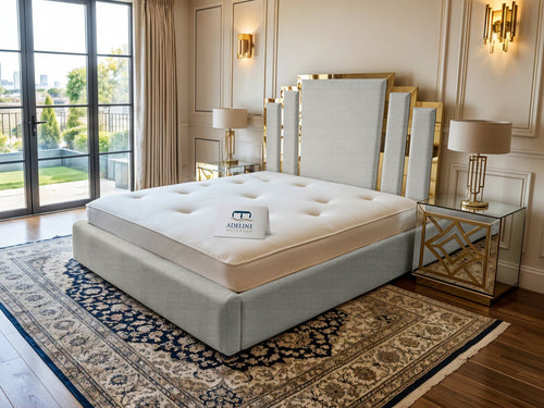 Kensington Gold Mirrored Geometric Panel Upholstered Bed Set with Floor Standing Headboard, Footboard & Storage Upgrade Option