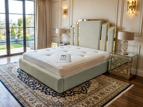 Kensington Gold Mirrored Geometric Panel Upholstered Bed Set with Floor Standing Headboard, Footboard & Storage Upgrade Option