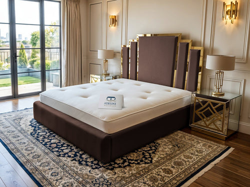 Kensington Gold Mirrored Geometric Panel Upholstered Bed Set with Floor Standing Headboard, Footboard & Storage Upgrade Option
