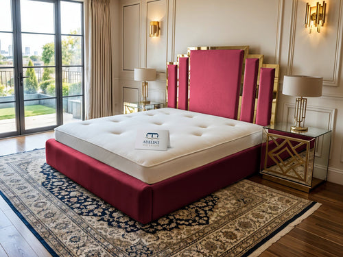Kensington Gold Mirrored Geometric Panel Upholstered Bed Set with Floor Standing Headboard, Footboard & Storage Upgrade Option