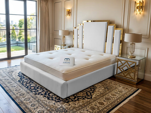 Kensington Gold Mirrored Geometric Panel Upholstered Bed Set with Floor Standing Headboard, Footboard & Storage Upgrade Option