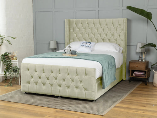 Kensington Button-Tufted Ottoman End Lift Storage Bed Set with Floor Standing Headboard & Footboard