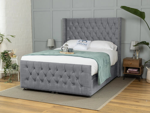 Kensington Button-Tufted Ottoman End Lift Storage Bed Set with Floor Standing Headboard & Footboard