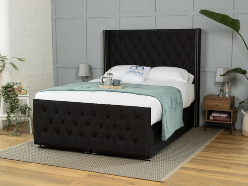 Kensington Button-Tufted Ottoman End Lift Storage Bed Set with Floor Standing Headboard & Footboard