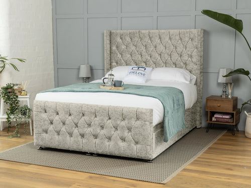 Kensington Button-Tufted Ottoman End Lift Storage Bed Set with Floor Standing Headboard & Footboard