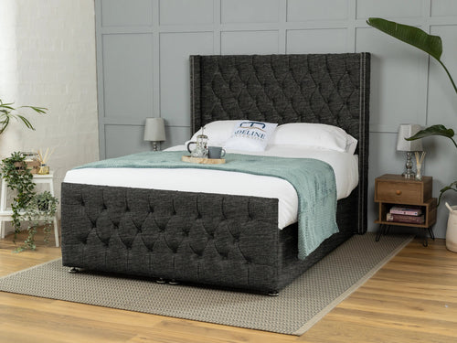 Kensington Button-Tufted Ottoman End Lift Storage Bed Set with Floor Standing Headboard & Footboard