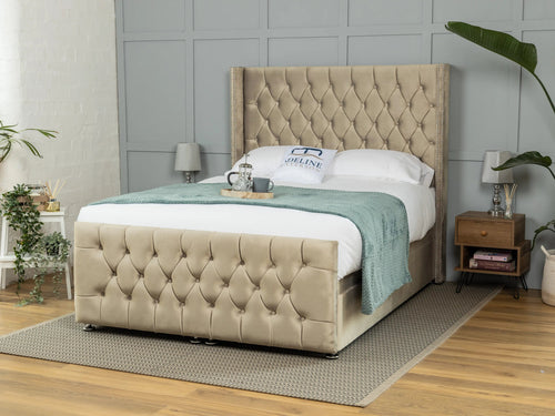 Kensington Button-Tufted Ottoman End Lift Storage Bed Set with Floor Standing Headboard & Footboard