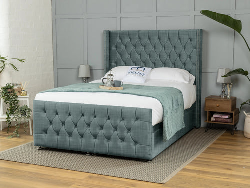 Kensington Button-Tufted Ottoman End Lift Storage Bed Set with Floor Standing Headboard & Footboard