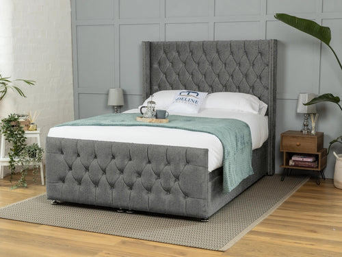 Kensington Button-Tufted Ottoman End Lift Storage Bed Set with Floor Standing Headboard & Footboard