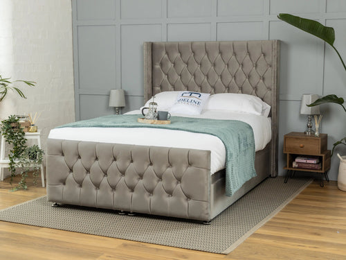 Kensington Button-Tufted Ottoman End Lift Storage Bed Set with Floor Standing Headboard & Footboard