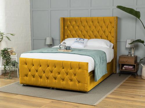 Kensington Button-Tufted Ottoman End Lift Storage Bed Set with Floor Standing Headboard & Footboard