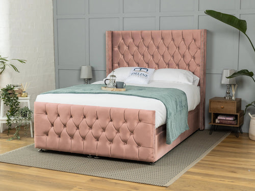 Kensington Button-Tufted Ottoman End Lift Storage Bed Set with Floor Standing Headboard & Footboard