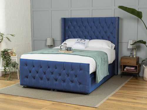 Kensington Button-Tufted Ottoman End Lift Storage Bed Set with Floor Standing Headboard & Footboard