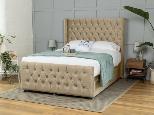 Kensington Button-Tufted Ottoman End Lift Storage Bed Set with Floor Standing Headboard & Footboard