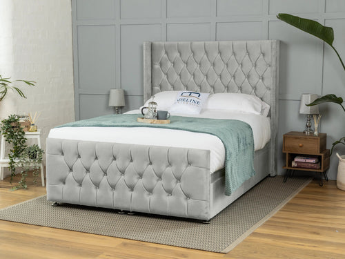 Kensington Button-Tufted Ottoman End Lift Storage Bed Set with Floor Standing Headboard & Footboard