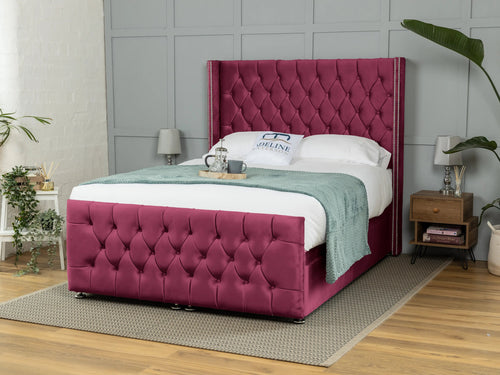 Kensington Button-Tufted Ottoman End Lift Storage Bed Set with Floor Standing Headboard & Footboard