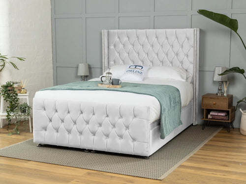 Kensington Button-Tufted Ottoman End Lift Storage Bed Set with Floor Standing Headboard & Footboard