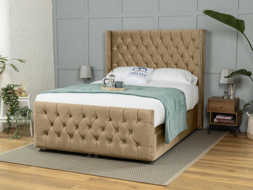 Kensington Button-Tufted Ottoman End Lift Storage Bed Set with Floor Standing Headboard & Footboard