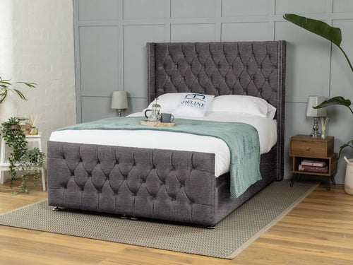 Kensington Button-Tufted Ottoman End Lift Storage Bed Set with Floor Standing Headboard & Footboard