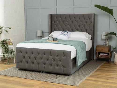 Kensington Button-Tufted Ottoman End Lift Storage Bed Set with Floor Standing Headboard & Footboard