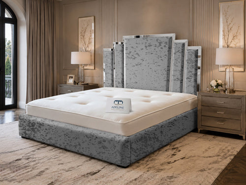 Kensington Silver Mirrored Geometric Panel Upholstered Bed Set with Floor Standing Headboard, Footboard & Storage Upgrade Option