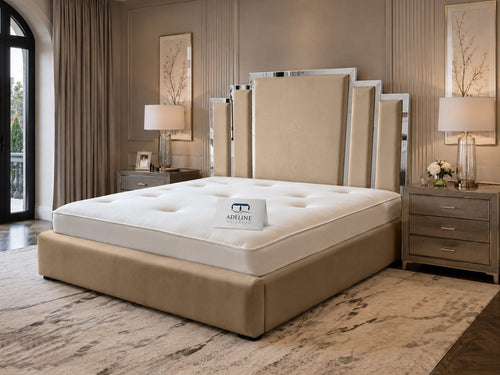 Kensington Silver Mirrored Geometric Panel Upholstered Bed Set with Floor Standing Headboard, Footboard & Storage Upgrade Option